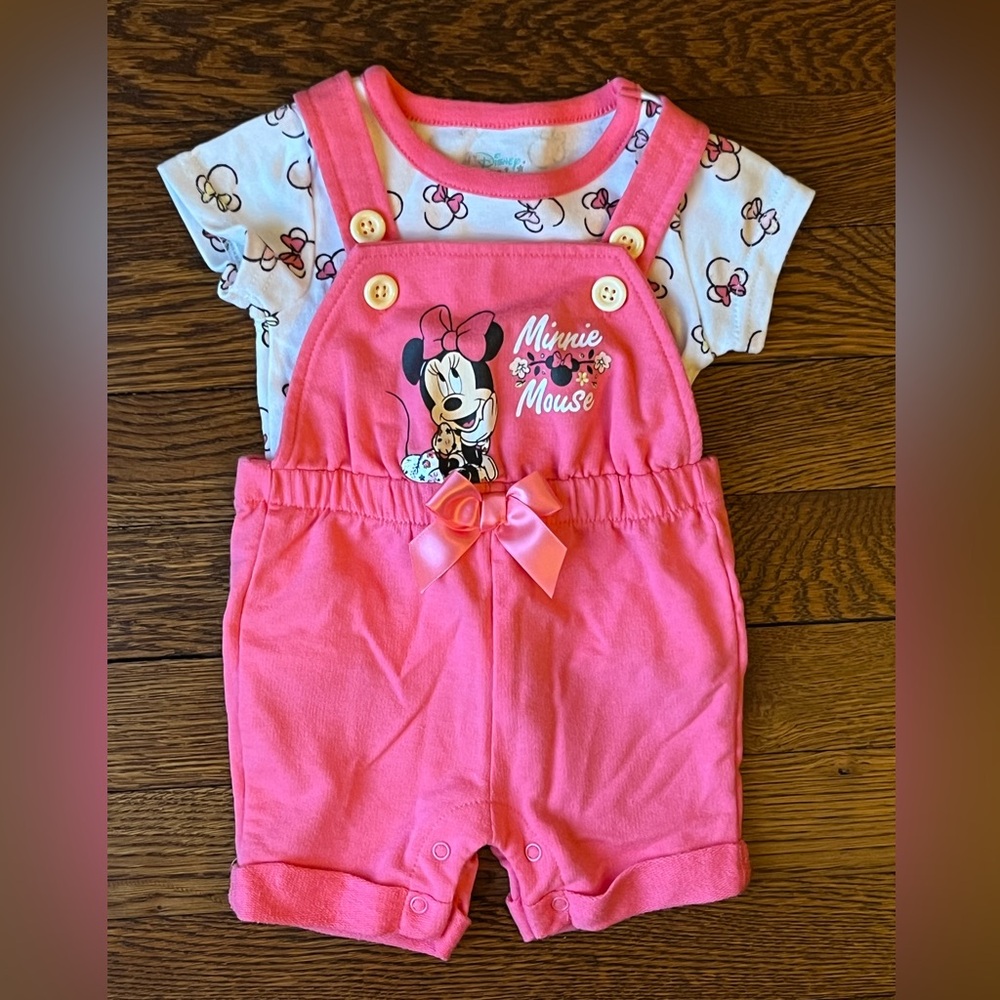 Disney Minnie Mouse Baby Girl Overalls Romper w/ Shirt Set - Size 0-3M